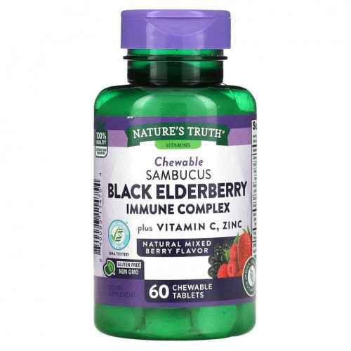 Nature's Truth, Иммунный комплекс Sambucus Black Elderberry, плюс витамин C и цинк, натуральная смесь ягод, 60 жевательных таблеток