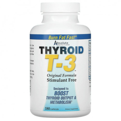 Absolute Nutrition, Thyroid T-3 (Щитовидная железа T-3), оригинальная формула, 180 капсул