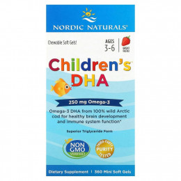 Nordic Naturals, ДГК для детей, клубника, для детей 3–6 лет, 250 мг, 360 желатиновых мини-капсул