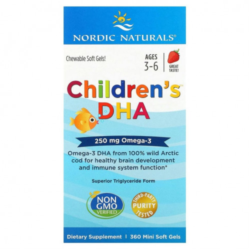 Nordic Naturals, ДГК для детей, клубника, для детей 3–6 лет, 250 мг, 360 желатиновых мини-капсул