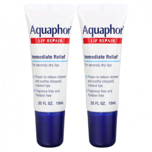 Aquaphor, Lip Repair, немедленное облегчение, без отдушек, 2 тюбика по 10 мл (0,35 жидк. Унции)