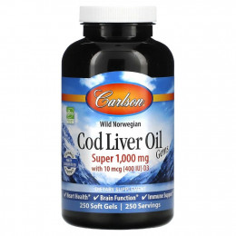 Carlson Labs, Cod Liver Oil Gems, капсулы из жира печени дикой норвежской трески, высшего качества, 1000 мг, 250 капсул