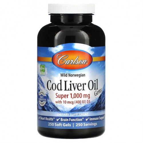 Carlson Labs, Cod Liver Oil Gems, капсулы из жира печени дикой норвежской трески, высшего качества, 1000 мг, 250 капсул