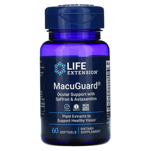 Life Extension, MacuGuard, поддержка зрения с шафраном и астаксантином, 60 капсул