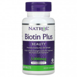 Natrol, Biotin Plus, повышенная эффективность, 5000 мкг, 60 таблеток