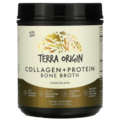 Terra Origin, Bone Broth с коллагеном и протеином, шоколад, 518 г (18,27 унции)