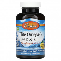 Carlson Labs, Elite Omega-3 с витаминами D и K, натуральный вкус лимона, 60 мягких таблеток