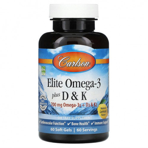 Carlson Labs, Elite Omega-3 с витаминами D и K, натуральный вкус лимона, 60 мягких таблеток