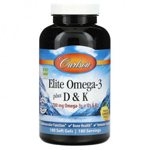 Carlson Labs, Elite Omega-3 с витаминами D и K, натуральный вкус лимона, 180 мягких таблеток