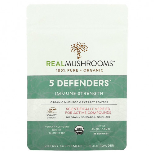 Real Mushrooms, Organic, 5 Defenders, укрепление иммунитета, 45 г (1,59 унции)