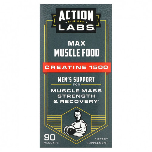 Action Labs, Max Muscle Food, Creatine 1500, поддержка для мужчин, 90 растительных капсул