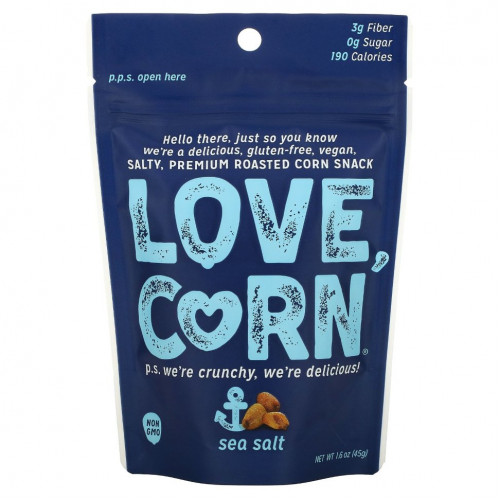 Love Corn, Обжаренная кукуруза премиального качества, морская соль, 45 г (1,6 унции)