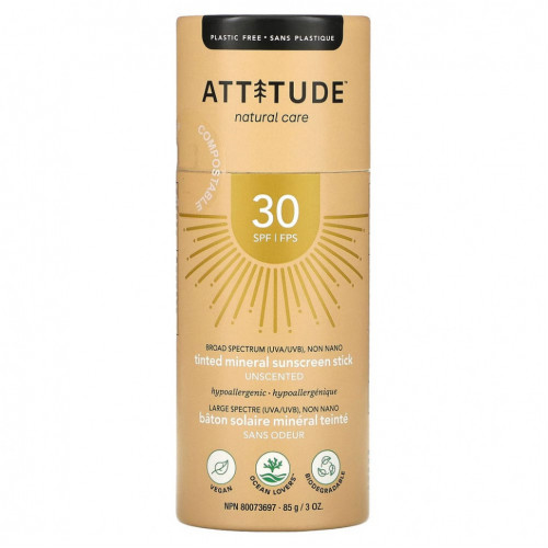 ATTITUDE, Минеральный солнцезащитный стик с тонирующим эффектом, SPF 30, без запаха, 85 г (3 унции)