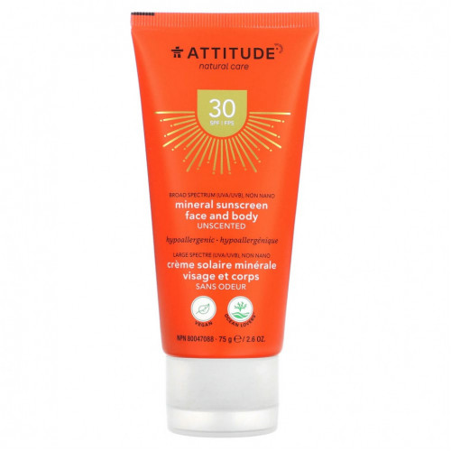 ATTITUDE, Минеральное солнцезащитное средство для лица и тела, SPF 30, без запаха, 75 г (2,6 унции)