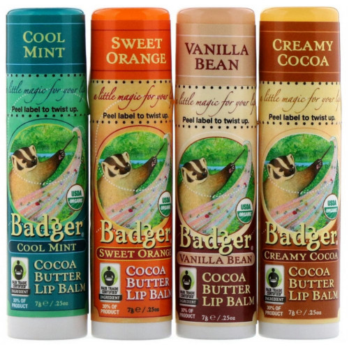 Badger Company, Organic, набор бальзамов для губ с маслом какао, 4 упаковки по 7 г (0,25 унции)