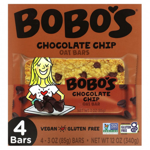 Bobo's Oat Bars, Овсяные батончики с шоколадной крошкой, 4 батончика по 85 г (3 унции)