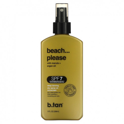 b.tan, Beach Please with Marula + Argan Oil, солнцезащитное масло-спрей для глубокого загара, SPF 7, 236 мл (8 жидк. Унций)