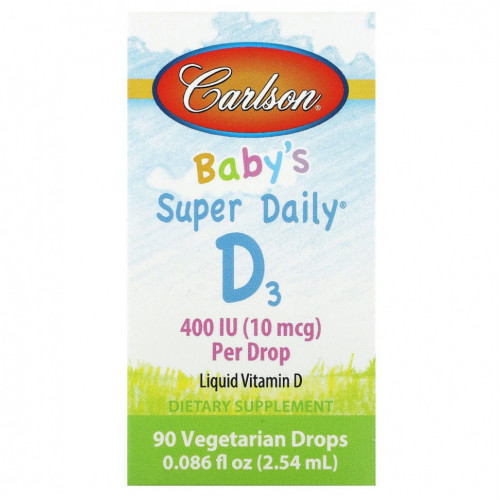 Carlson, Baby's Super Daily D3, 10 мкг (400 МЕ), 90 вегетарианских капель, 2,54 мл (0,086 жидк. Унции)