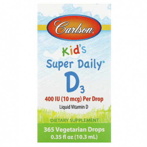 Carlson, Kids Super Daily D3, 10 мкг (400 МЕ), 365 вегетарианских капель, 10,3 мл (0,35 жидк. Унции)