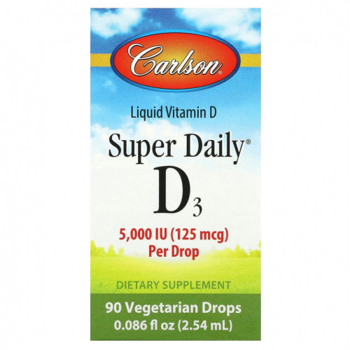 Carlson, Super Daily, D3, 125 мкг (5000 МЕ), 90 вегетарианских капель, 2,54 мл (0,086 жидк. Унции)