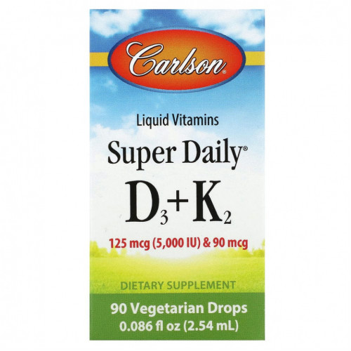 Carlson, Super Daily D3 + K2, 125 мкг (5000 МЕ) и 90 мкг, 90 вегетарианских капель, 2,54 мл (0,086 жидк. Унции)