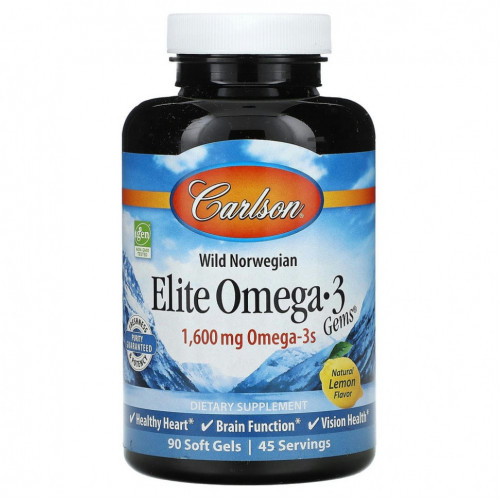 Carlson, Wild Norwegian Elite Omega-3, натуральный лимон, 1600 мг, 90 мягких таблеток