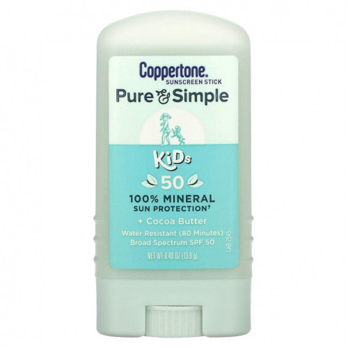 Coppertone, Pure & Simple, Kids, солнцезащитный стик для детей, SPF 50, какао-масло, 13,9 г (0,49 унции)