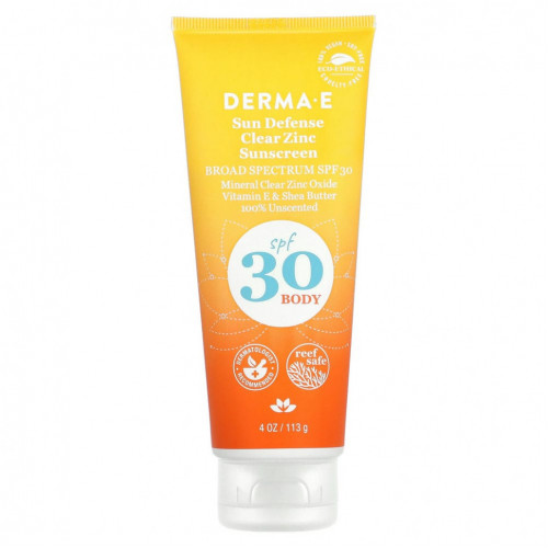 DERMA E, Sun Defense Clear Zinc, солнцезащитное средство для тела, SPF 30, без запаха, 113 г (4 унции)