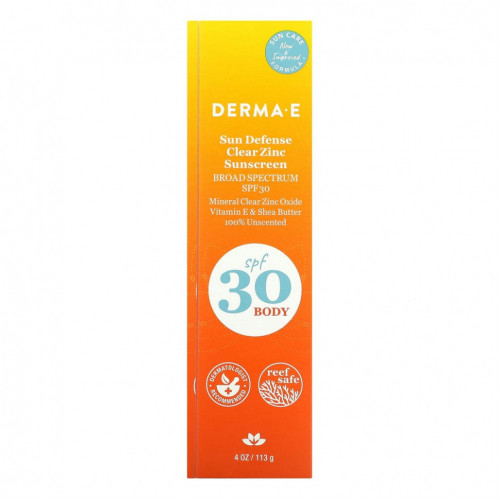 DERMA E, Sun Defense Clear Zinc, солнцезащитное средство для тела, SPF 30, без запаха, 113 г (4 унции)