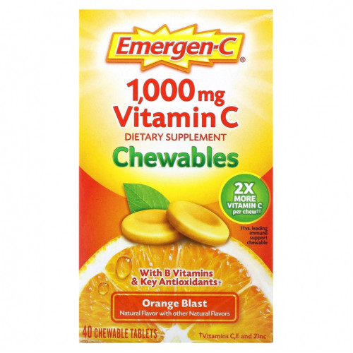 Emergen-C, Жевательные таблетки с витамином C, апельсиновый сок, 500 мг, 40 жевательных таблеток