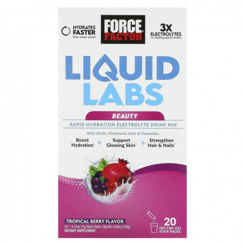 Force Factor, Liquid Labs Beauty, смесь для быстрого увлажнения и электролитов, тропические ягоды, 20 пакетиков по 7 г (0,25 унции)