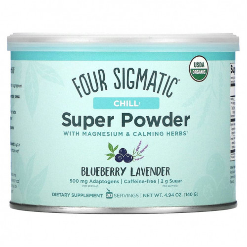 Four Sigmatic, Chill Super Powder с магнием и успокаивающими травами, голубика и лаванда, 140 г (4,94 унции)