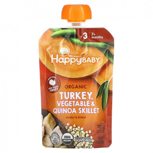 Happy Family Organics, Happy Baby, от 7 месяцев, органические сковороды с индейкой, овощами и киноа, 99 г (3,5 унции)