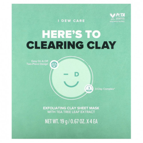 I Dew Care, Here's To Clearing Clay, отшелушивающая тканевая маска из глины, 4 тканевые маски, 19 г (0,67 унции) каждая