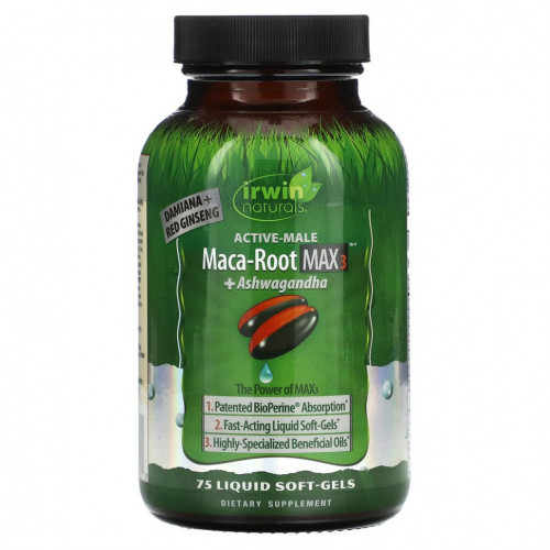 Irwin Naturals, Maca Root Max 3 + ашваганда, 75 желатиновых капсул