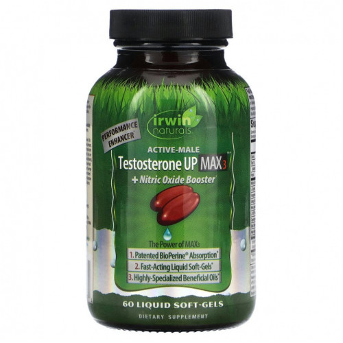 Irwin Naturals, Testosterone Up Max 3 + бустер с оксидом азота, 60 желатиновых капсул