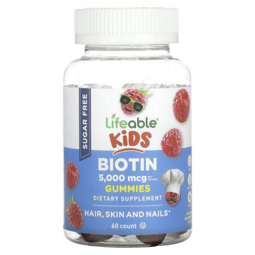 Lifeable, Kids Biotin Gummies, малина, 2500 мкг, 60 шт.