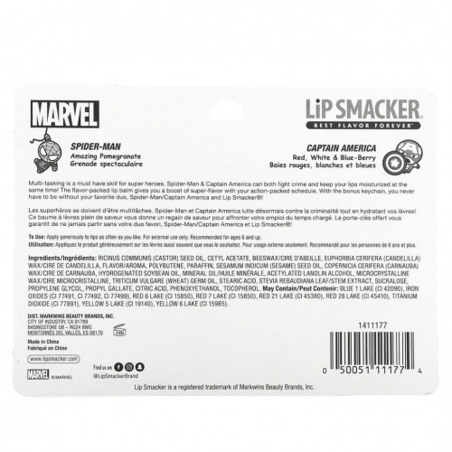 Lip Smacker, Marvel, бальзам для губ, человек-паук и гранат, красный, белый и сине-ягодный, 2 шт. В упаковке, 4 г (0,14 унции)