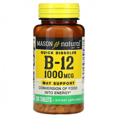 Mason Natural, Витамин B12, быстрорастворимый, 1000 мкг, 200 таблеток