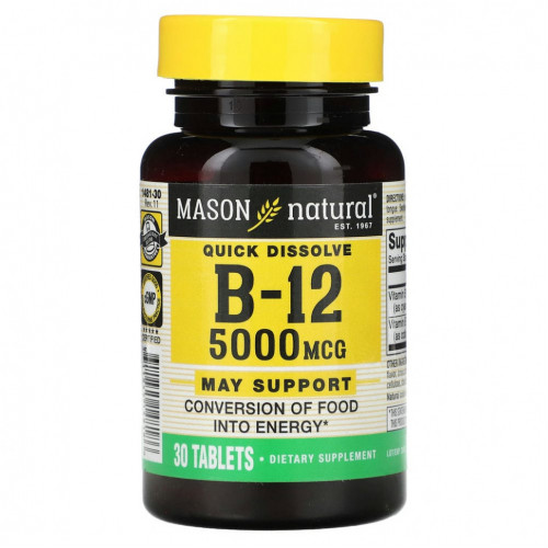 Mason Natural, Витамин B-12, малиновый ароматизатор, 5000 мкг, 30 подъязычных таблеток