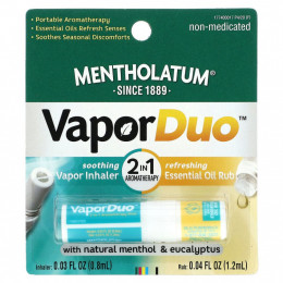 Mentholatum, Vapor Duo, ароматерапия 2 в 1 с натуральным ментолом и эвкалиптом, втирание, 1,2 мл (0,04 жидк. Унции), ингалятор, 0,8 мл (0,03 жидк. Унции)