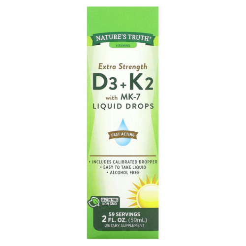 Nature's Truth, Extra Strength D3 + K2 с жидкими каплями MK-7, 59 мл (2 жидк. Унции)