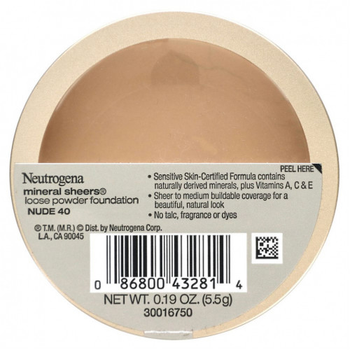 Neutrogena, Минеральная тональная пудра Sheers, оттенок Nude 40, 5,5 г (0,19 унции)