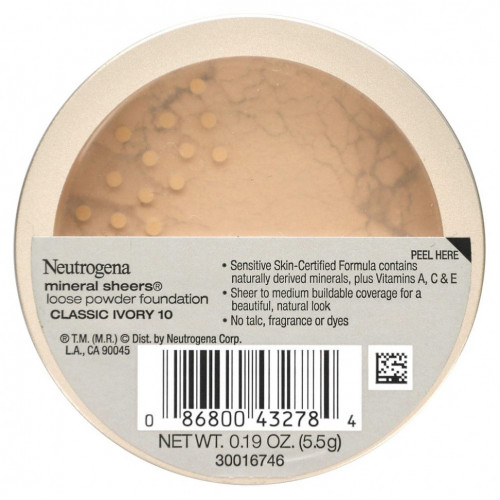 Neutrogena, Mineral Sheers, тональная пудра, классическая слоновая кость 10, 5,5 г (0,19 унции)