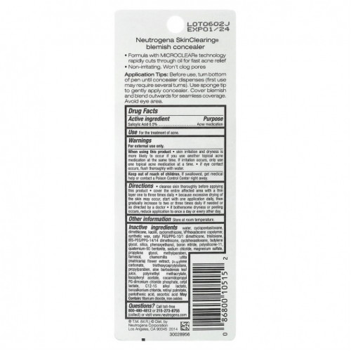 Neutrogena, SkinClearing, консилер от пятен, средний 15, 1,4 г (0,05 унции)