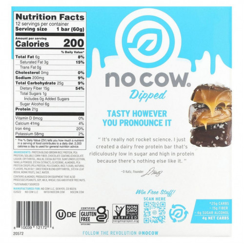 No Cow, Dipped Protein Bar, Chocolate Salted Caramel, 12 Bars, 2.12 oz (60 g) Each