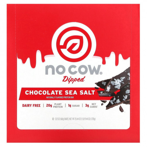 No Cow, Dipped Protein Bar, Chocolate Sea Salt, 12 Bars, 2.12 oz (60 g) Each