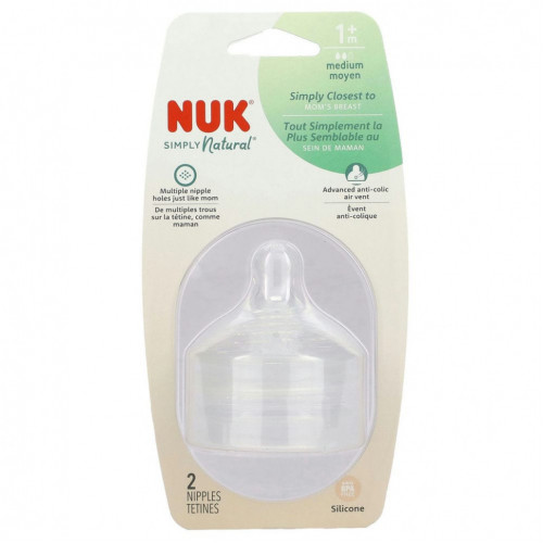 NUK, Simply Natural, соски, от 1 месяца, со средней степенью текучести, 2 соски