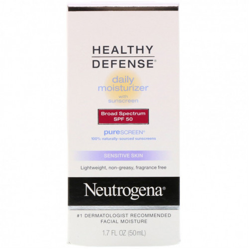 Neutrogena, Healthy Defense, дневной увлажняющий солнцезащитный крем широкого спектра защиты для чувствительной кожи, SPF 50, 50 мл (1,7 жидк. унции)