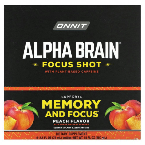 Onnit, Alpha Brain Focus Shot, персик, 6 флаконов по 75 мл (2,5 жидк. Унции)